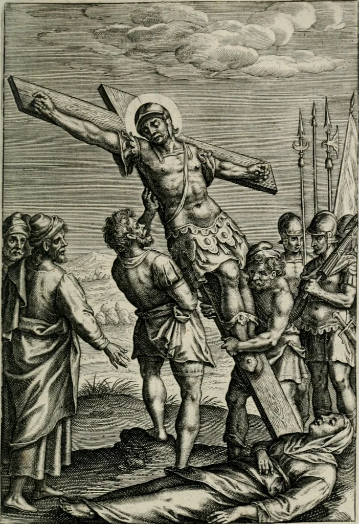 An illustration from Sacrvm sanctvarivm crvcis et patientiae crvcifixorvm et crvciferorvm, emblematicis imaginibvs laborantivm et aegrotantivm ornatvm: artifices gloriosi novae artis bene vivendi et moriendi, 1634, leaf 84