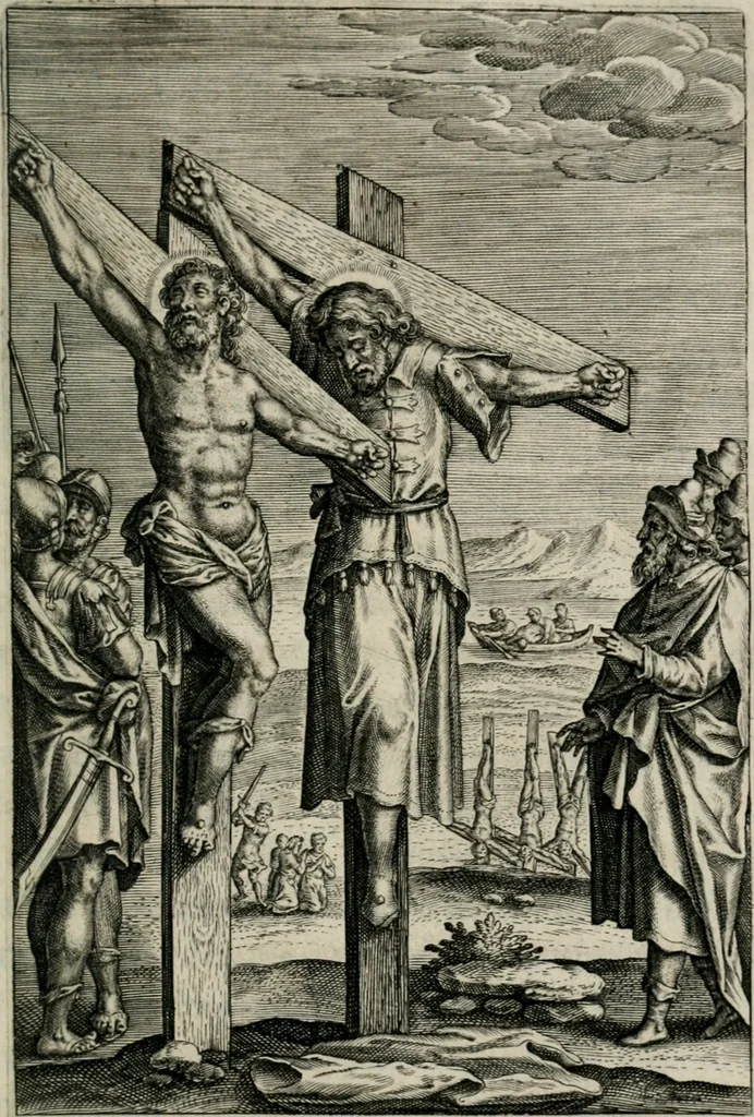An illustration from Sacrvm sanctvarivm crvcis et patientiae crvcifixorvm et crvciferorvm, emblematicis imaginibvs laborantivm et aegrotantivm ornatvm: artifices gloriosi novae artis bene vivendi et moriendi, 1634, leaf 94