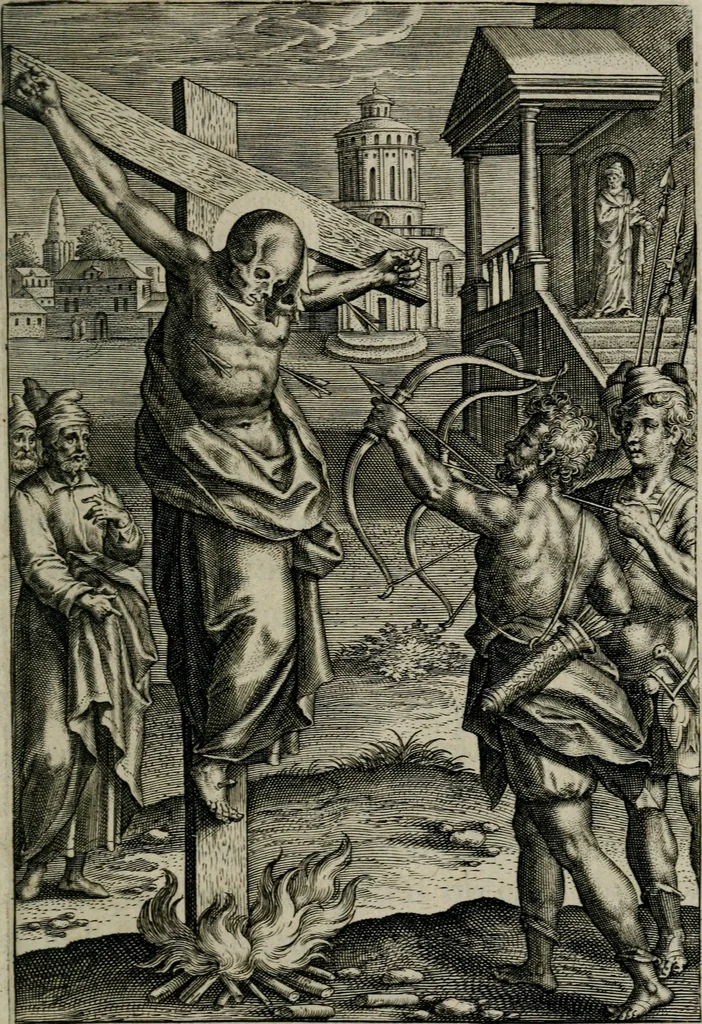 An illustration from Sacrvm sanctvarivm crvcis et patientiae crvcifixorvm et crvciferorvm, emblematicis imaginibvs laborantivm et aegrotantivm ornatvm: artifices gloriosi novae artis bene vivendi et moriendi, 1634, leaf 114