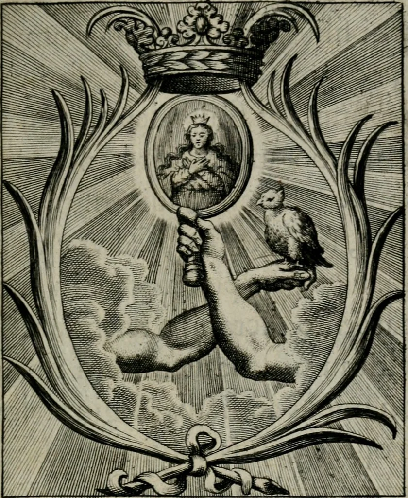 An illustration from Sacrvm sanctvarivm crvcis et patientiae crvcifixorvm et crvciferorvm, emblematicis imaginibvs laborantivm et aegrotantivm ornatvm: artifices gloriosi novae artis bene vivendi et moriendi, 1634, leaf 16