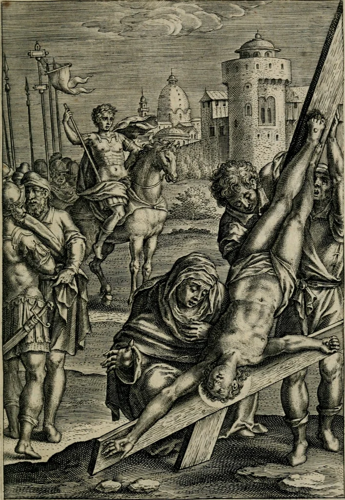 An illustration from Sacrvm sanctvarivm crvcis et patientiae crvcifixorvm et crvciferorvm, emblematicis imaginibvs laborantivm et aegrotantivm ornatvm: artifices gloriosi novae artis bene vivendi et moriendi, 1634, leaf 18
