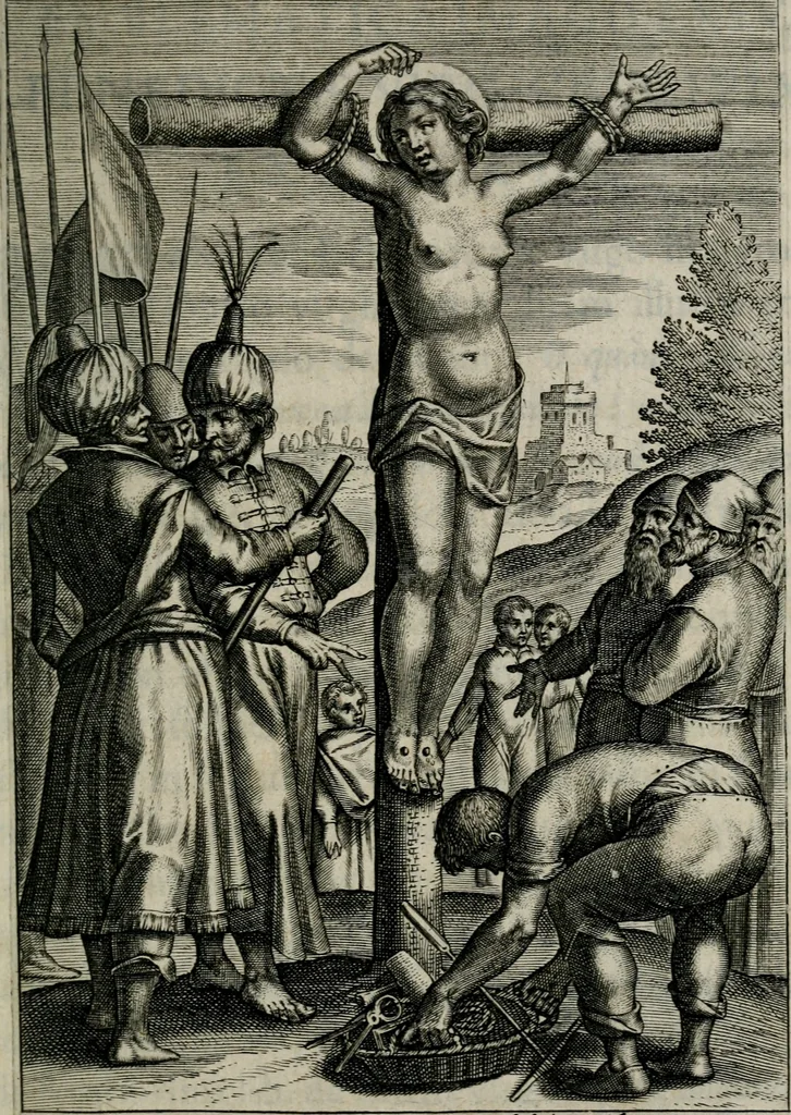 An illustration from Sacrvm sanctvarivm crvcis et patientiae crvcifixorvm et crvciferorvm, emblematicis imaginibvs laborantivm et aegrotantivm ornatvm: artifices gloriosi novae artis bene vivendi et moriendi, 1634, leaf 58