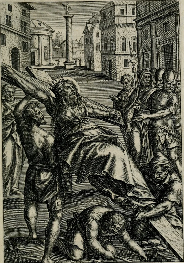 An illustration from Sacrvm sanctvarivm crvcis et patientiae crvcifixorvm et crvciferorvm, emblematicis imaginibvs laborantivm et aegrotantivm ornatvm: artifices gloriosi novae artis bene vivendi et moriendi, 1634, leaf 66