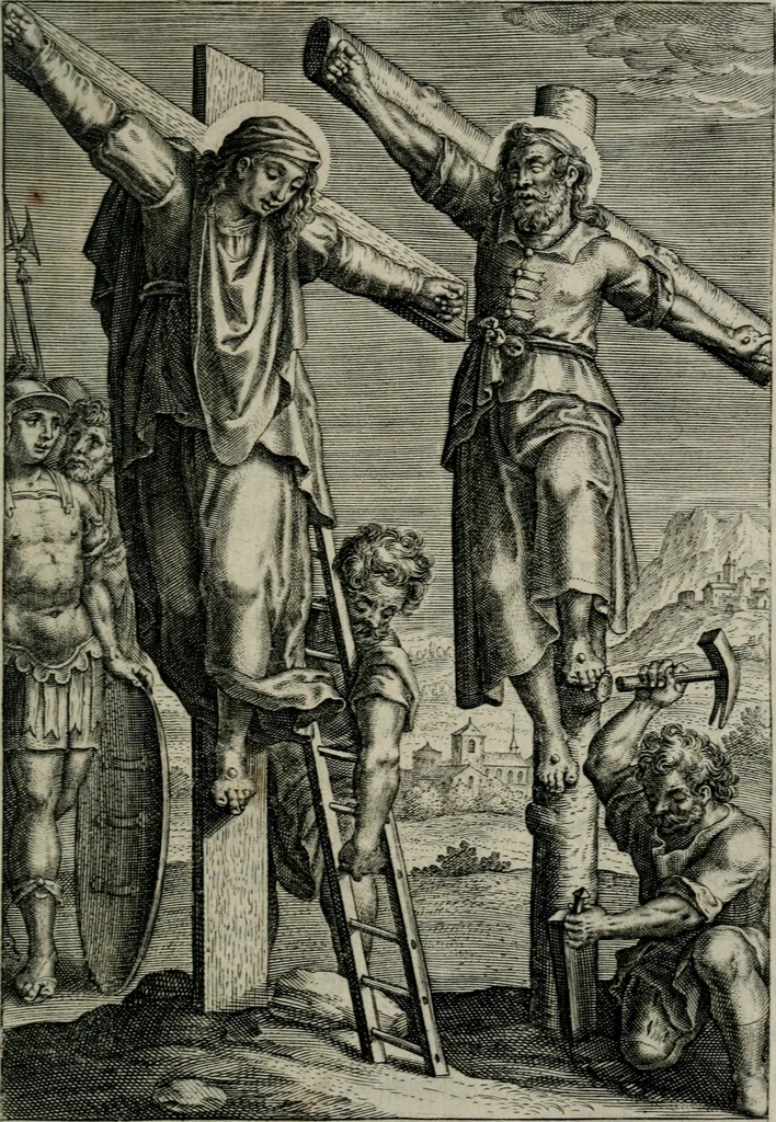 An illustration from Sacrvm sanctvarivm crvcis et patientiae crvcifixorvm et crvciferorvm, emblematicis imaginibvs laborantivm et aegrotantivm ornatvm: artifices gloriosi novae artis bene vivendi et moriendi, 1634, leaf 92