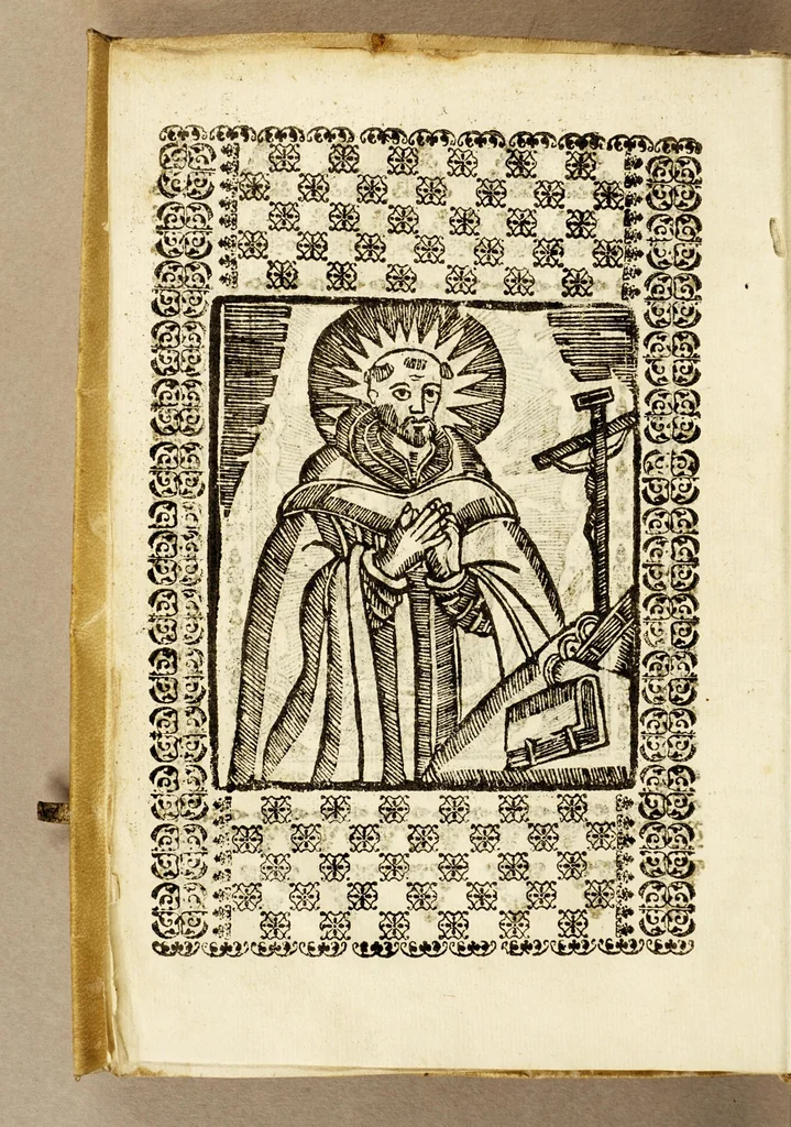 An illustration from Sagrado padron y panegyricos sermones a la memoria debida al sumptuoso magnifico templo, y curiosa basílica del convento de religiosas del glorioso abad San Bernardo, : que edificò en su mayor parte el capitan D. Ioseph de Retes Largache, difu[n]to cavallero del Orden de Santiago, y consumaron en su cabal perfeccion su sobrino don Domingo de Retes, y doña Teresa de Retes y Paz, su hija, en esta dos vezes imperial, y siempre leal ciudad de Mexico, con la pompa funebre de la translacion de sus huessos, que erige en descripcion historica panegyrica,, 1691, leaf 12