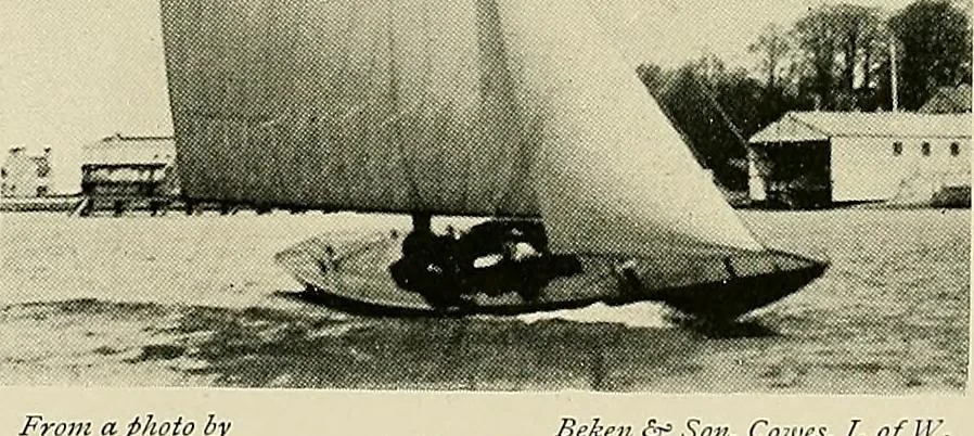 An illustration from The sailing boat, a treatise on sailing boats and small yachts, their varieties of type, sails, rig, etc. With practical directions for sailing and management; also, the one-design and restricted classes, fishing and shooting boats, sailing chariots and ice yachts, foreign and colonial boats, canoes, etc., etc, 1901, leaf 135