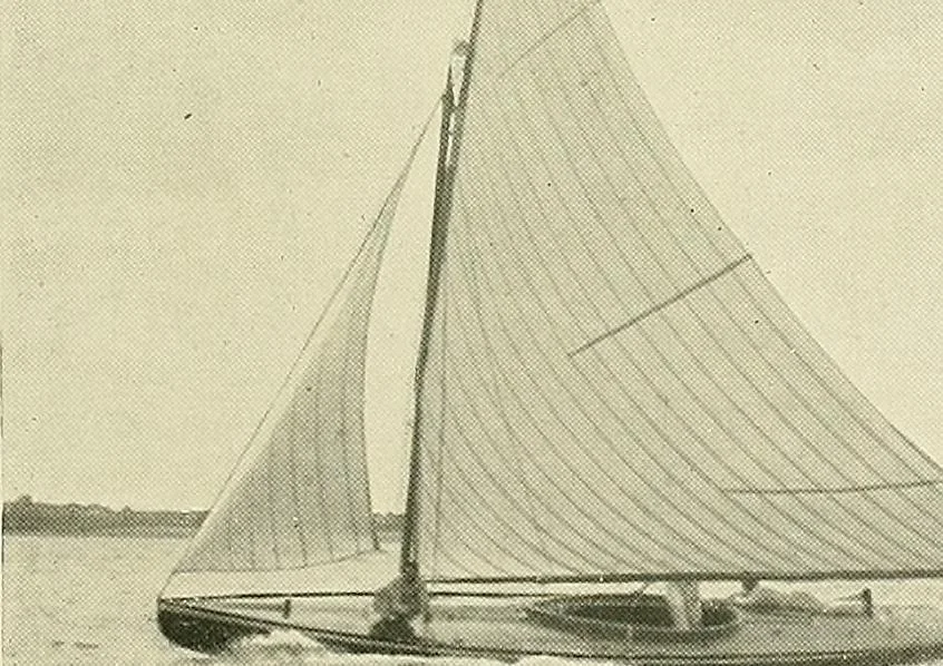 An illustration from The sailing boat, a treatise on sailing boats and small yachts, their varieties of type, sails, rig, etc. With practical directions for sailing and management; also, the one-design and restricted classes, fishing and shooting boats, sailing chariots and ice yachts, foreign and colonial boats, canoes, etc., etc, 1901, leaf 140