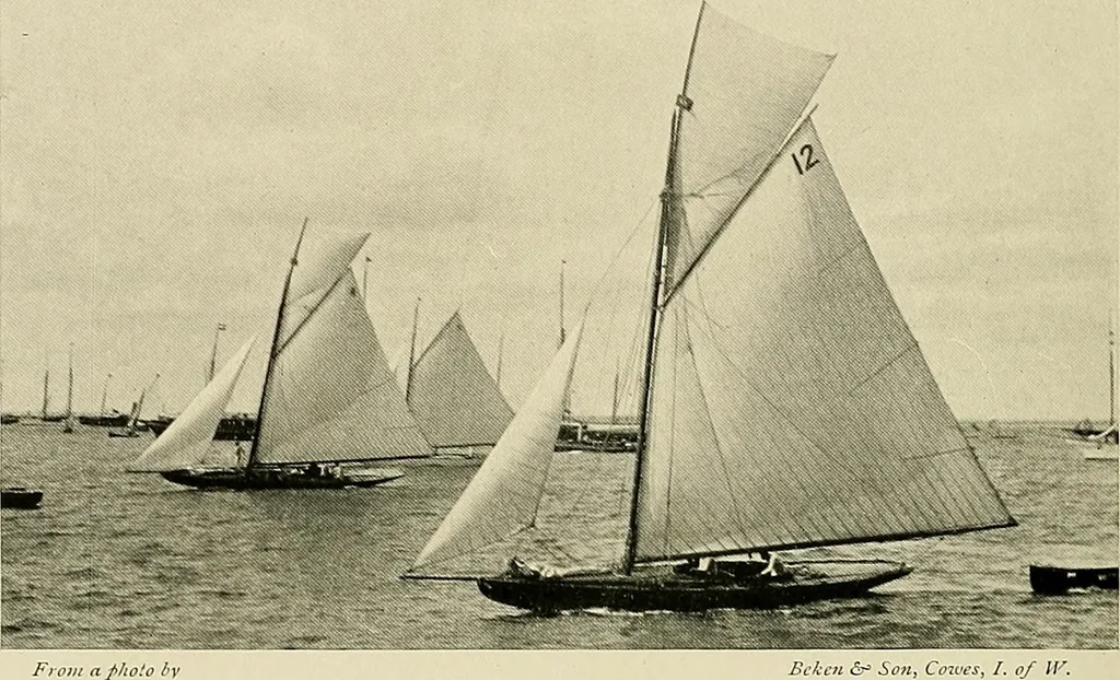 An illustration from The sailing boat, a treatise on sailing boats and small yachts, their varieties of type, sails, rig, etc. With practical directions for sailing and management; also, the one-design and restricted classes, fishing and shooting boats, sailing chariots and ice yachts, foreign and colonial boats, canoes, etc., etc, 1901, leaf 147