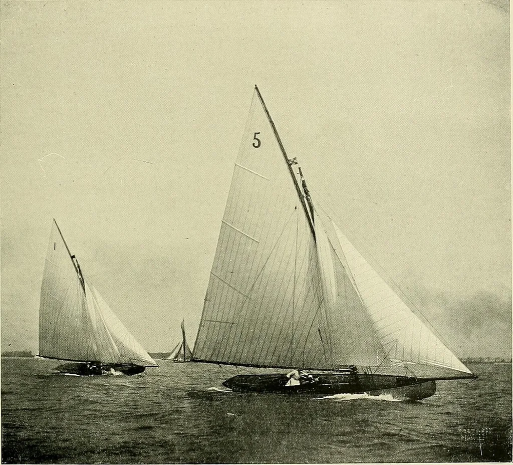An illustration from The sailing boat, a treatise on sailing boats and small yachts, their varieties of type, sails, rig, etc. With practical directions for sailing and management; also, the one-design and restricted classes, fishing and shooting boats, sailing chariots and ice yachts, foreign and colonial boats, canoes, etc., etc, 1901, leaf 152