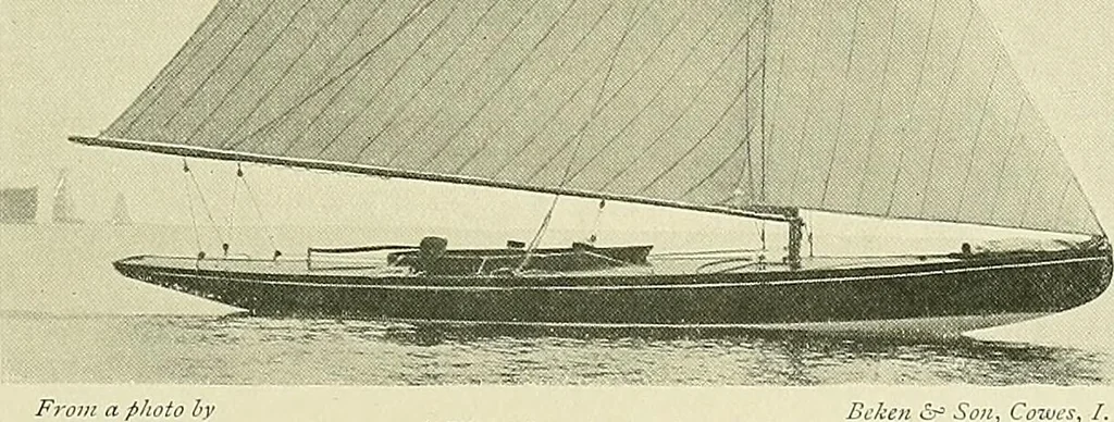 An illustration from The sailing boat, a treatise on sailing boats and small yachts, their varieties of type, sails, rig, etc. With practical directions for sailing and management; also, the one-design and restricted classes, fishing and shooting boats, sailing chariots and ice yachts, foreign and colonial boats, canoes, etc., etc, 1901, leaf 154