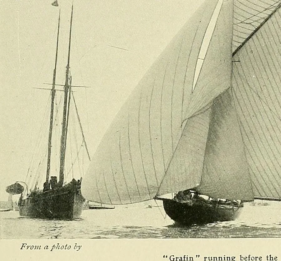 An illustration from The sailing boat, a treatise on sailing boats and small yachts, their varieties of type, sails, rig, etc. With practical directions for sailing and management; also, the one-design and restricted classes, fishing and shooting boats, sailing chariots and ice yachts, foreign and colonial boats, canoes, etc., etc, 1901, leaf 158