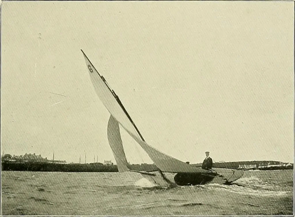 An illustration from The sailing boat, a treatise on sailing boats and small yachts, their varieties of type, sails, rig, etc. With practical directions for sailing and management; also, the one-design and restricted classes, fishing and shooting boats, sailing chariots and ice yachts, foreign and colonial boats, canoes, etc., etc, 1901, leaf 174