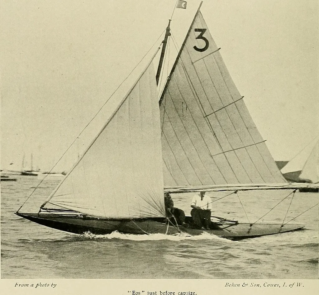 An illustration from The sailing boat, a treatise on sailing boats and small yachts, their varieties of type, sails, rig, etc. With practical directions for sailing and management; also, the one-design and restricted classes, fishing and shooting boats, sailing chariots and ice yachts, foreign and colonial boats, canoes, etc., etc, 1901, leaf 177