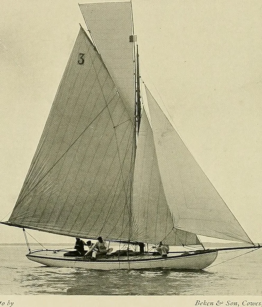 An illustration from The sailing boat, a treatise on sailing boats and small yachts, their varieties of type, sails, rig, etc. With practical directions for sailing and management; also, the one-design and restricted classes, fishing and shooting boats, sailing chariots and ice yachts, foreign and colonial boats, canoes, etc., etc, 1901, leaf 191