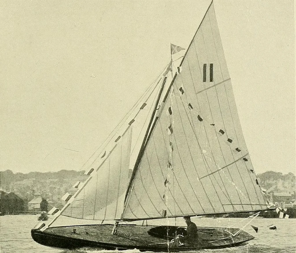 An illustration from The sailing boat, a treatise on sailing boats and small yachts, their varieties of type, sails, rig, etc. With practical directions for sailing and management; also, the one-design and restricted classes, fishing and shooting boats, sailing chariots and ice yachts, foreign and colonial boats, canoes, etc., etc, 1901, leaf 212