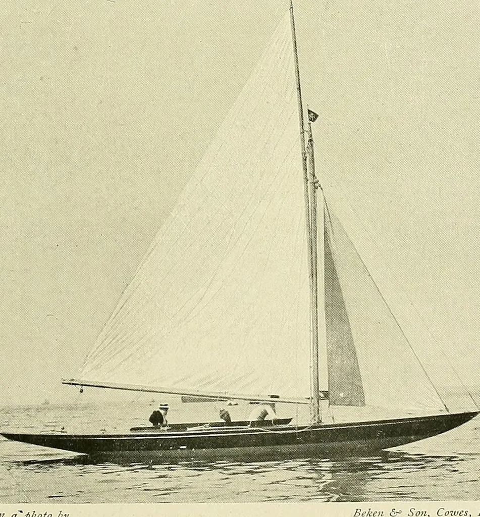 An illustration from The sailing boat, a treatise on sailing boats and small yachts, their varieties of type, sails, rig, etc. With practical directions for sailing and management; also, the one-design and restricted classes, fishing and shooting boats, sailing chariots and ice yachts, foreign and colonial boats, canoes, etc., etc, 1901, leaf 214