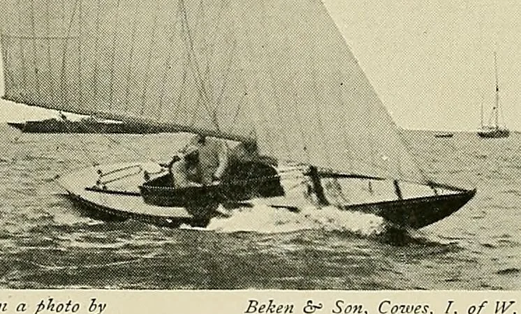 An illustration from The sailing boat, a treatise on sailing boats and small yachts, their varieties of type, sails, rig, etc. With practical directions for sailing and management; also, the one-design and restricted classes, fishing and shooting boats, sailing chariots and ice yachts, foreign and colonial boats, canoes, etc., etc, 1901, leaf 215