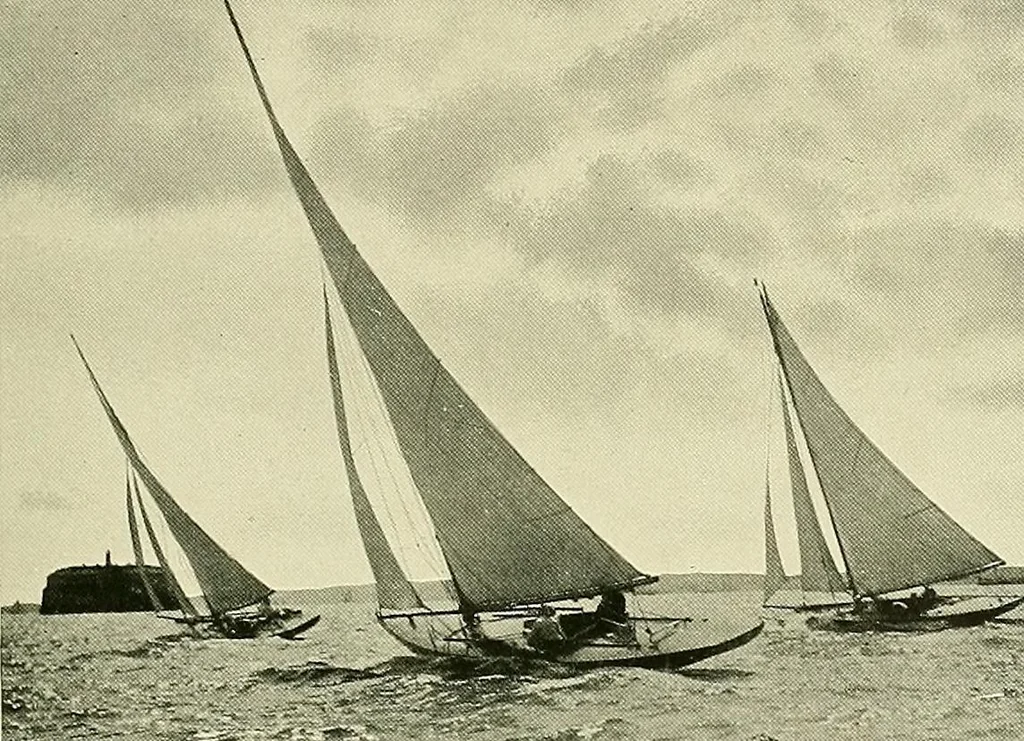 An illustration from The sailing boat, a treatise on sailing boats and small yachts, their varieties of type, sails, rig, etc. With practical directions for sailing and management; also, the one-design and restricted classes, fishing and shooting boats, sailing chariots and ice yachts, foreign and colonial boats, canoes, etc., etc, 1901, leaf 220