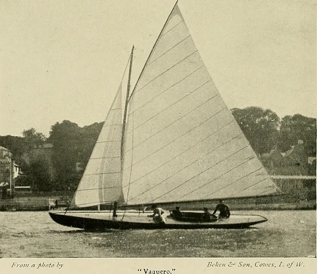 An illustration from The sailing boat, a treatise on sailing boats and small yachts, their varieties of type, sails, rig, etc. With practical directions for sailing and management; also, the one-design and restricted classes, fishing and shooting boats, sailing chariots and ice yachts, foreign and colonial boats, canoes, etc., etc, 1901, leaf 223