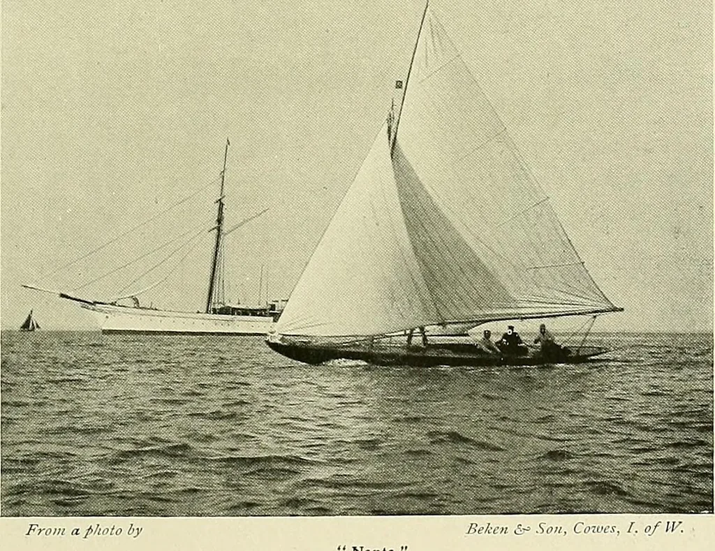 An illustration from The sailing boat, a treatise on sailing boats and small yachts, their varieties of type, sails, rig, etc. With practical directions for sailing and management; also, the one-design and restricted classes, fishing and shooting boats, sailing chariots and ice yachts, foreign and colonial boats, canoes, etc., etc, 1901, leaf 224