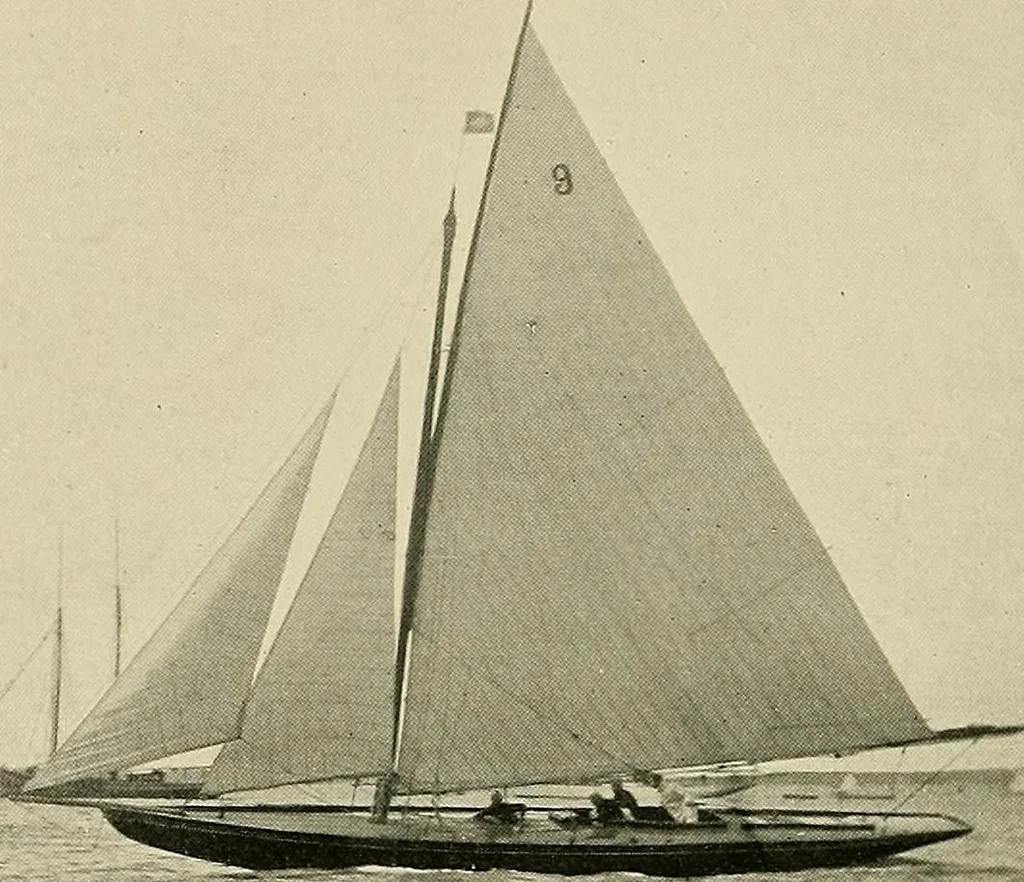 An illustration from The sailing boat, a treatise on sailing boats and small yachts, their varieties of type, sails, rig, etc. With practical directions for sailing and management; also, the one-design and restricted classes, fishing and shooting boats, sailing chariots and ice yachts, foreign and colonial boats, canoes, etc., etc, 1901, leaf 235