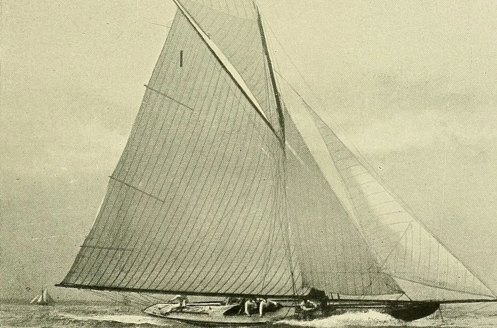 An illustration from The sailing boat, a treatise on sailing boats and small yachts, their varieties of type, sails, rig, etc. With practical directions for sailing and management; also, the one-design and restricted classes, fishing and shooting boats, sailing chariots and ice yachts, foreign and colonial boats, canoes, etc., etc, 1901, leaf 236