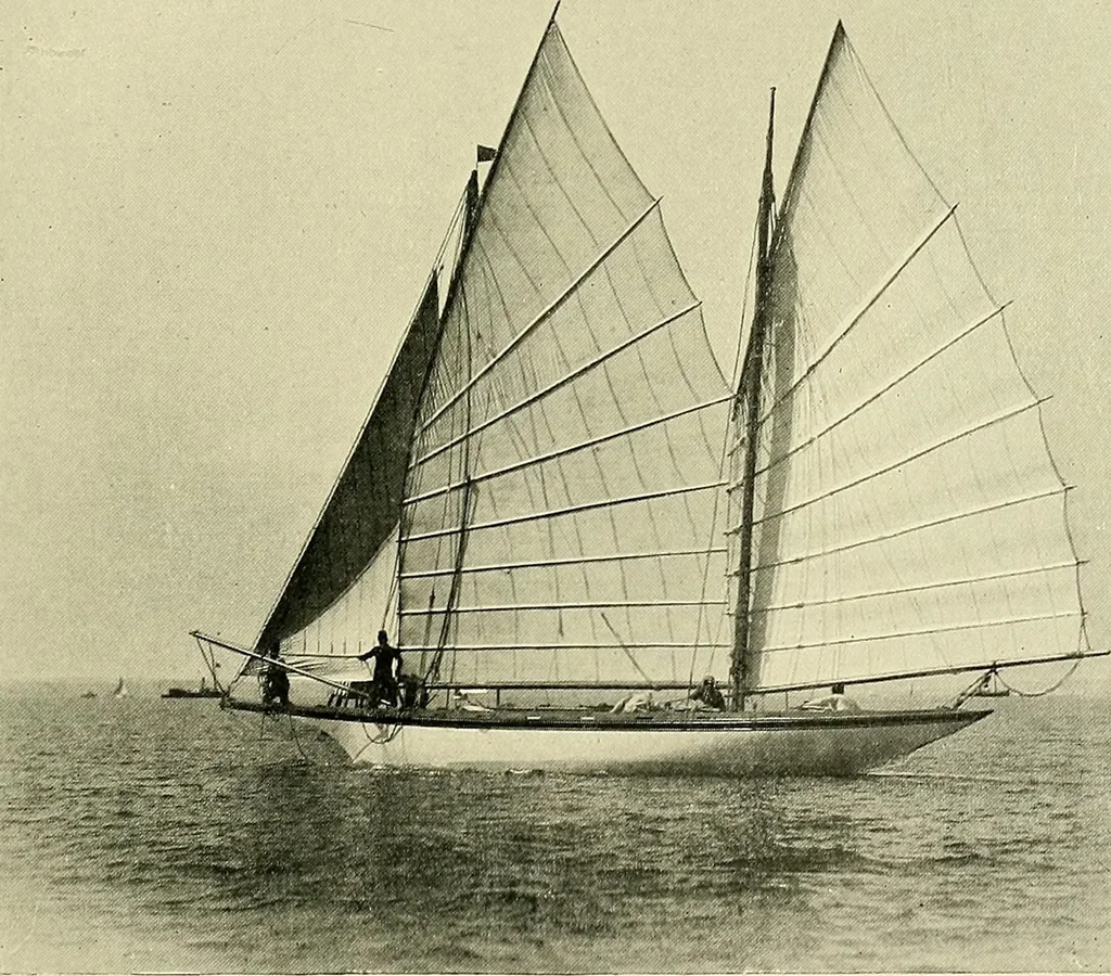An illustration from The sailing boat, a treatise on sailing boats and small yachts, their varieties of type, sails, rig, etc. With practical directions for sailing and management; also, the one-design and restricted classes, fishing and shooting boats, sailing chariots and ice yachts, foreign and colonial boats, canoes, etc., etc, 1901, leaf 248
