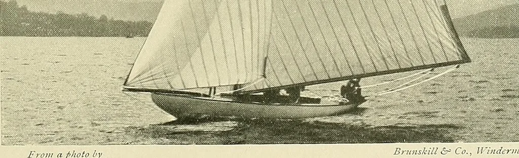 An illustration from The sailing boat, a treatise on sailing boats and small yachts, their varieties of type, sails, rig, etc. With practical directions for sailing and management; also, the one-design and restricted classes, fishing and shooting boats, sailing chariots and ice yachts, foreign and colonial boats, canoes, etc., etc, 1901, leaf 300