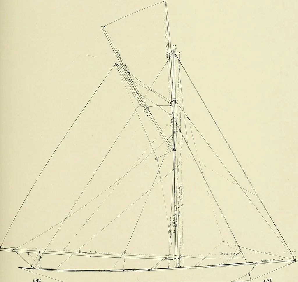 An illustration from The sailing boat, a treatise on sailing boats and small yachts, their varieties of type, sails, rig, etc. With practical directions for sailing and management; also, the one-design and restricted classes, fishing and shooting boats, sailing chariots and ice yachts, foreign and colonial boats, canoes, etc., etc, 1901, leaf 318