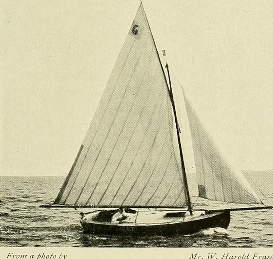 An illustration from The sailing boat, a treatise on sailing boats and small yachts, their varieties of type, sails, rig, etc. With practical directions for sailing and management; also, the one-design and restricted classes, fishing and shooting boats, sailing chariots and ice yachts, foreign and colonial boats, canoes, etc., etc, 1901, leaf 320