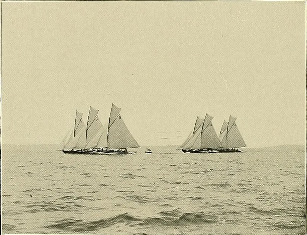 An illustration from The sailing boat, a treatise on sailing boats and small yachts, their varieties of type, sails, rig, etc. With practical directions for sailing and management; also, the one-design and restricted classes, fishing and shooting boats, sailing chariots and ice yachts, foreign and colonial boats, canoes, etc., etc, 1901, leaf 327