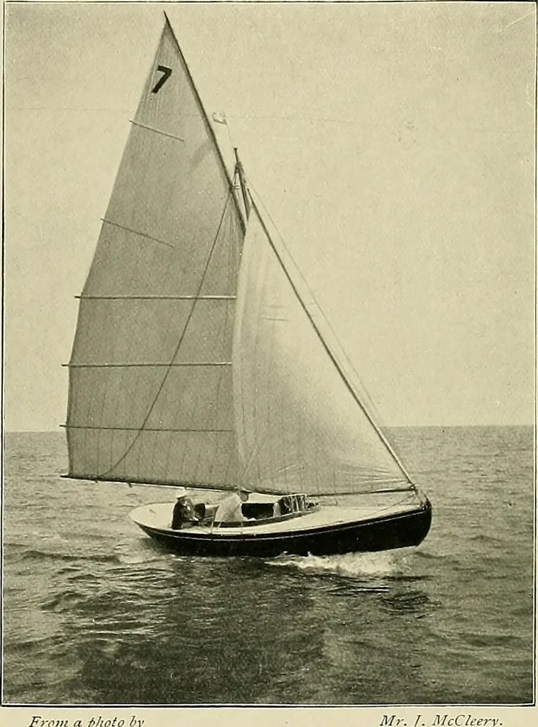 An illustration from The sailing boat, a treatise on sailing boats and small yachts, their varieties of type, sails, rig, etc. With practical directions for sailing and management; also, the one-design and restricted classes, fishing and shooting boats, sailing chariots and ice yachts, foreign and colonial boats, canoes, etc., etc, 1901, leaf 335