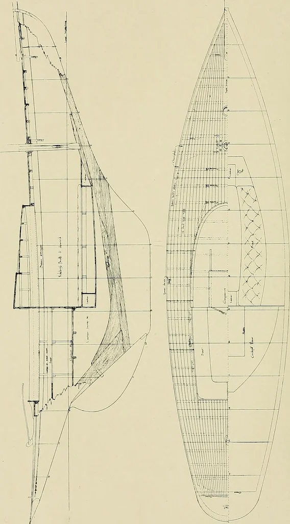 An illustration from The sailing boat, a treatise on sailing boats and small yachts, their varieties of type, sails, rig, etc. With practical directions for sailing and management; also, the one-design and restricted classes, fishing and shooting boats, sailing chariots and ice yachts, foreign and colonial boats, canoes, etc., etc, 1901, leaf 337