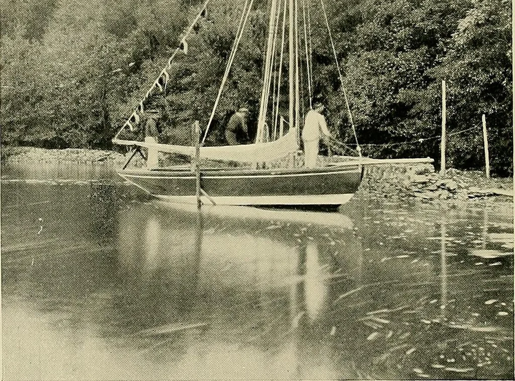 An illustration from The sailing boat, a treatise on sailing boats and small yachts, their varieties of type, sails, rig, etc. With practical directions for sailing and management; also, the one-design and restricted classes, fishing and shooting boats, sailing chariots and ice yachts, foreign and colonial boats, canoes, etc., etc, 1901, leaf 349