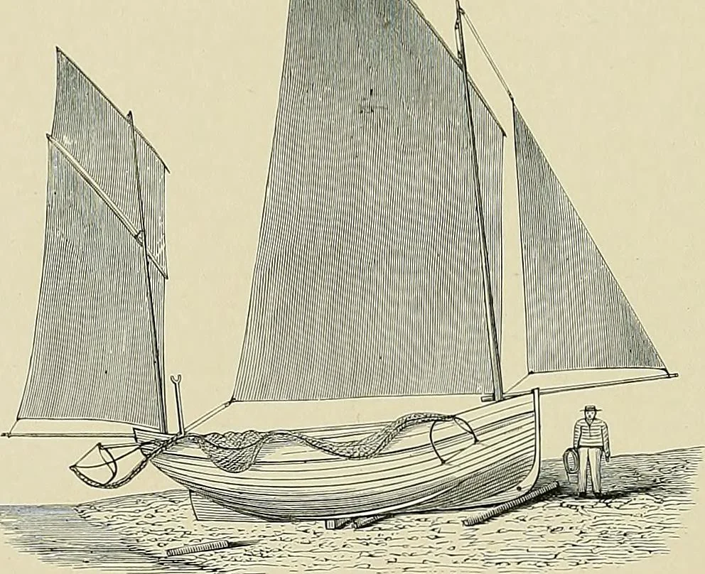 An illustration from The sailing boat, a treatise on sailing boats and small yachts, their varieties of type, sails, rig, etc. With practical directions for sailing and management; also, the one-design and restricted classes, fishing and shooting boats, sailing chariots and ice yachts, foreign and colonial boats, canoes, etc., etc, 1901, leaf 355