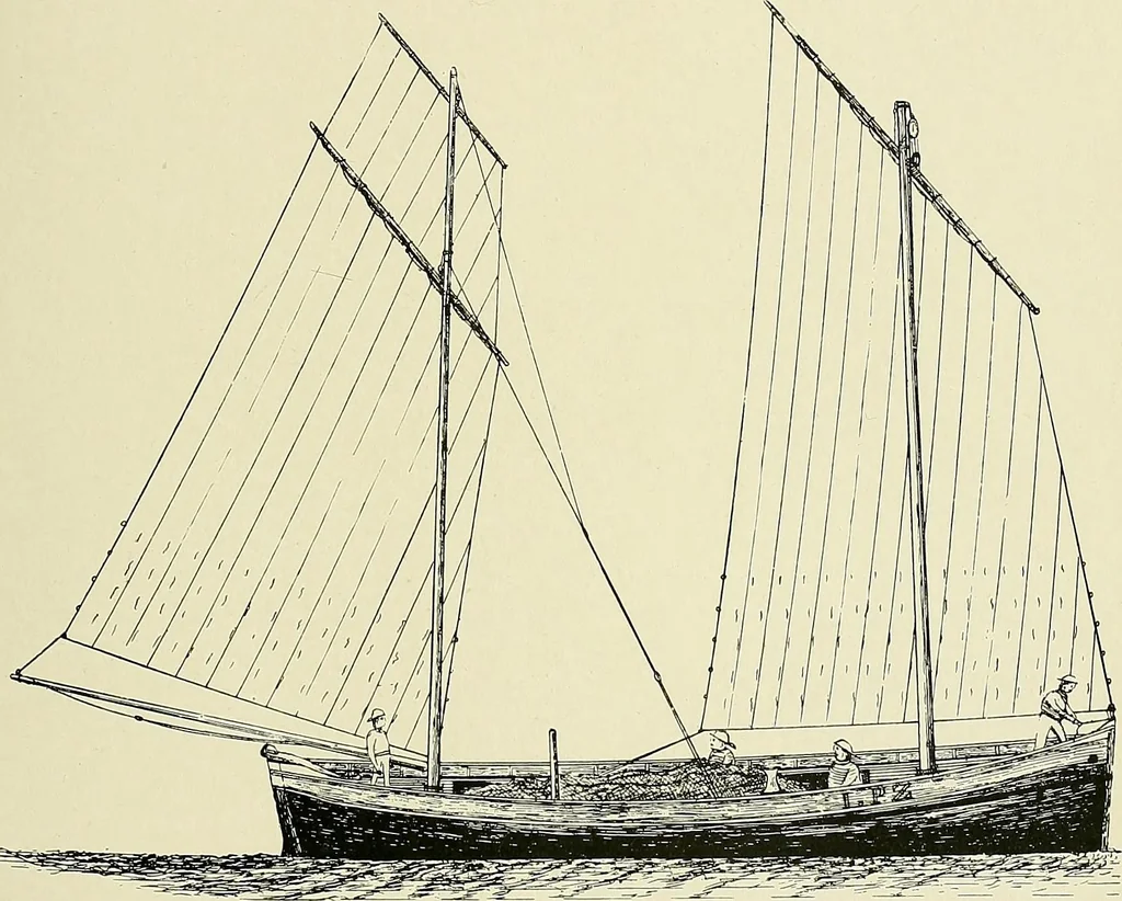 An illustration from The sailing boat, a treatise on sailing boats and small yachts, their varieties of type, sails, rig, etc. With practical directions for sailing and management; also, the one-design and restricted classes, fishing and shooting boats, sailing chariots and ice yachts, foreign and colonial boats, canoes, etc., etc, 1901, leaf 356