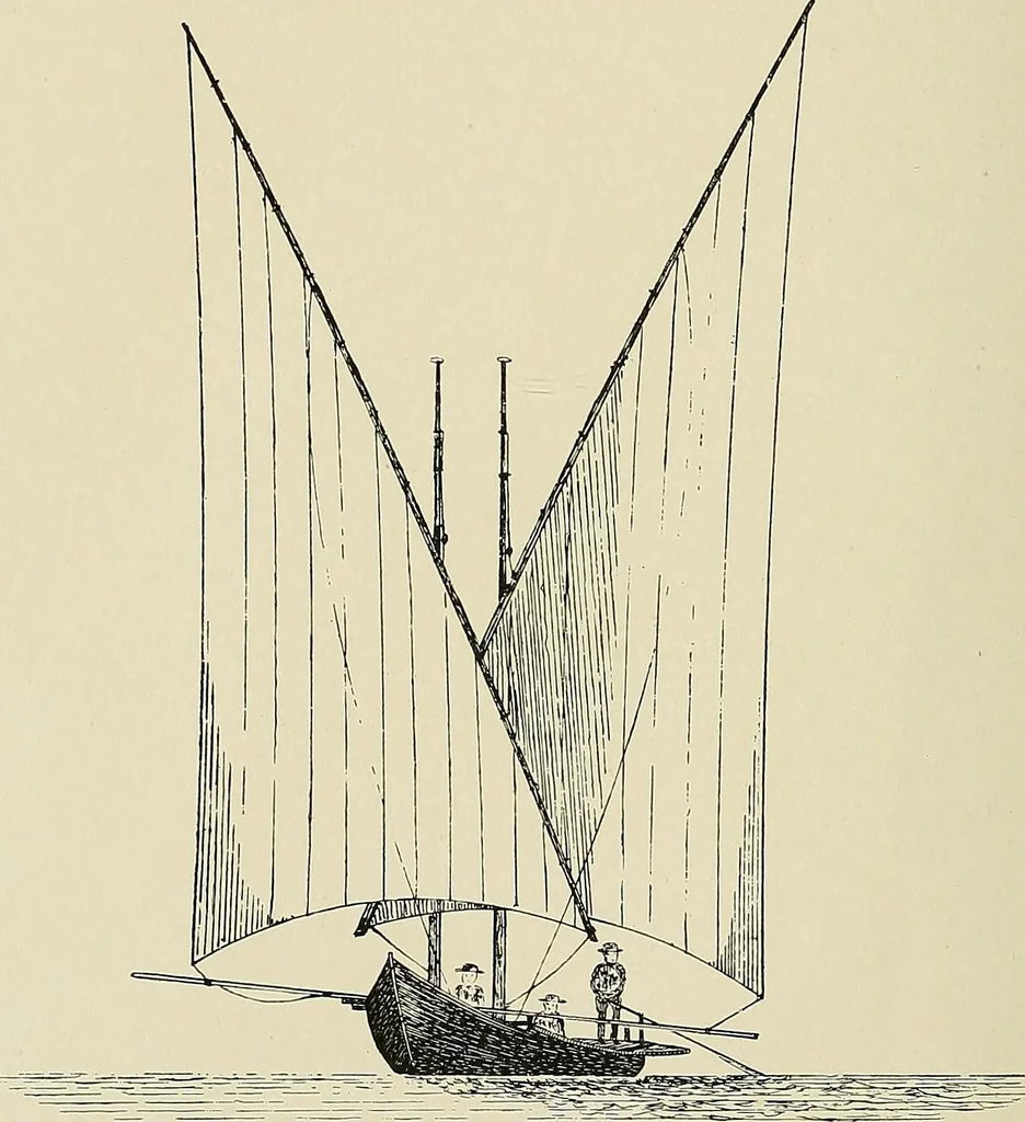 An illustration from The sailing boat, a treatise on sailing boats and small yachts, their varieties of type, sails, rig, etc. With practical directions for sailing and management; also, the one-design and restricted classes, fishing and shooting boats, sailing chariots and ice yachts, foreign and colonial boats, canoes, etc., etc, 1901, leaf 435