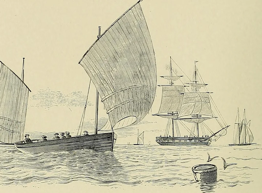 An illustration from The sailing boat, a treatise on sailing boats and small yachts, their varieties of type, sails, rig, etc. With practical directions for sailing and management; also, the one-design and restricted classes, fishing and shooting boats, sailing chariots and ice yachts, foreign and colonial boats, canoes, etc., etc, 1901, leaf 45