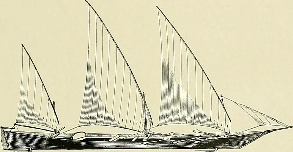 An illustration from The sailing boat, a treatise on sailing boats and small yachts, their varieties of type, sails, rig, etc. With practical directions for sailing and management; also, the one-design and restricted classes, fishing and shooting boats, sailing chariots and ice yachts, foreign and colonial boats, canoes, etc., etc, 1901, leaf 460