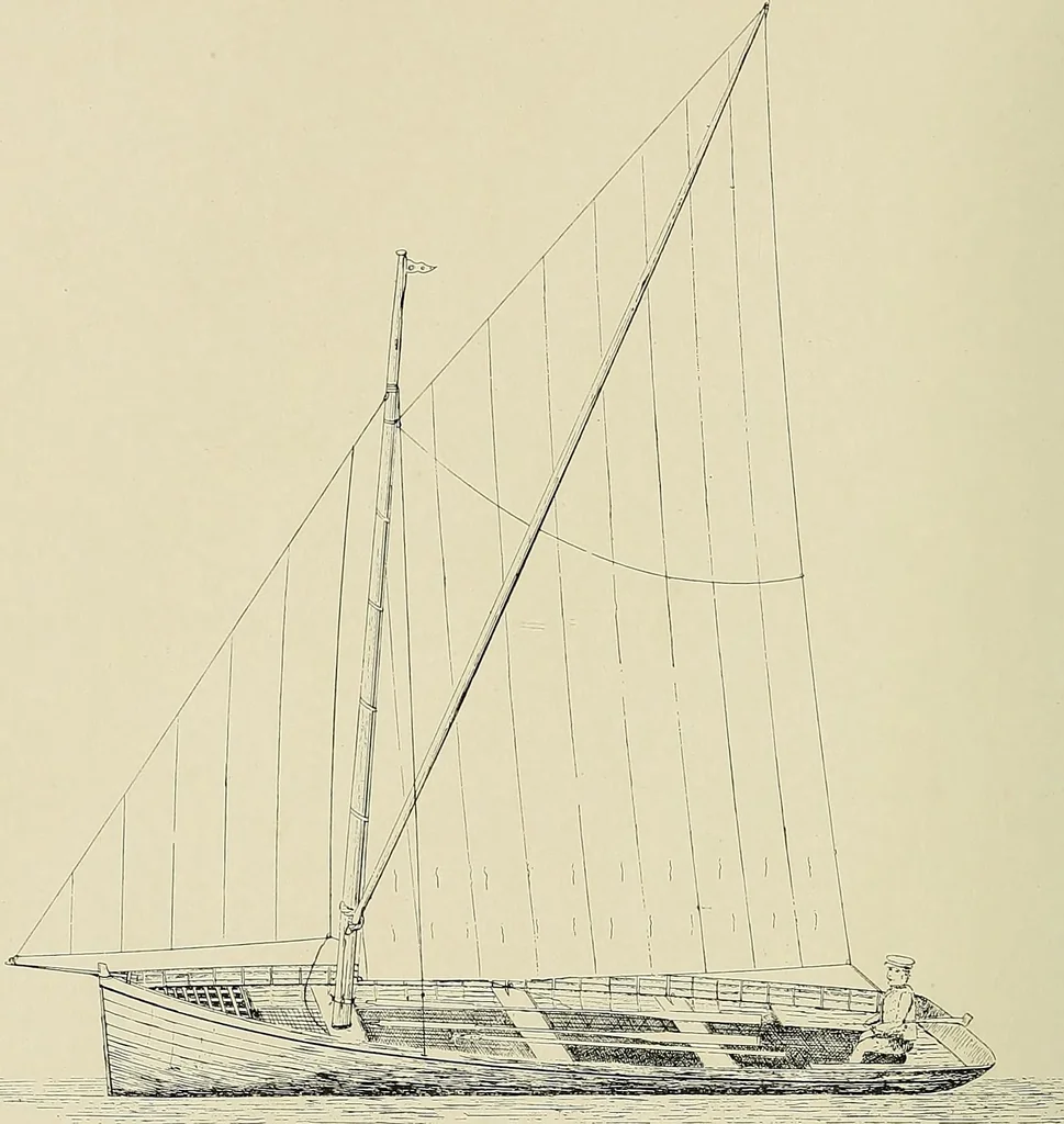 An illustration from The sailing boat, a treatise on sailing boats and small yachts, their varieties of type, sails, rig, etc. With practical directions for sailing and management; also, the one-design and restricted classes, fishing and shooting boats, sailing chariots and ice yachts, foreign and colonial boats, canoes, etc., etc, 1901, leaf 47