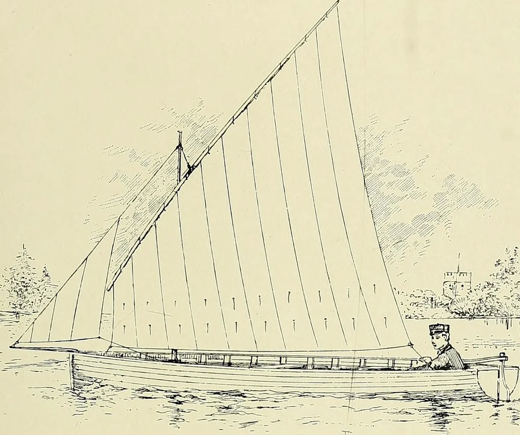 An illustration from The sailing boat, a treatise on sailing boats and small yachts, their varieties of type, sails, rig, etc. With practical directions for sailing and management; also, the one-design and restricted classes, fishing and shooting boats, sailing chariots and ice yachts, foreign and colonial boats, canoes, etc., etc, 1901, leaf 52