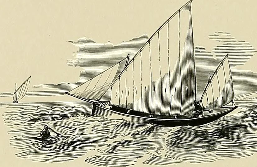 An illustration from The sailing boat, a treatise on sailing boats and small yachts, their varieties of type, sails, rig, etc. With practical directions for sailing and management; also, the one-design and restricted classes, fishing and shooting boats, sailing chariots and ice yachts, foreign and colonial boats, canoes, etc., etc, 1901, leaf 53