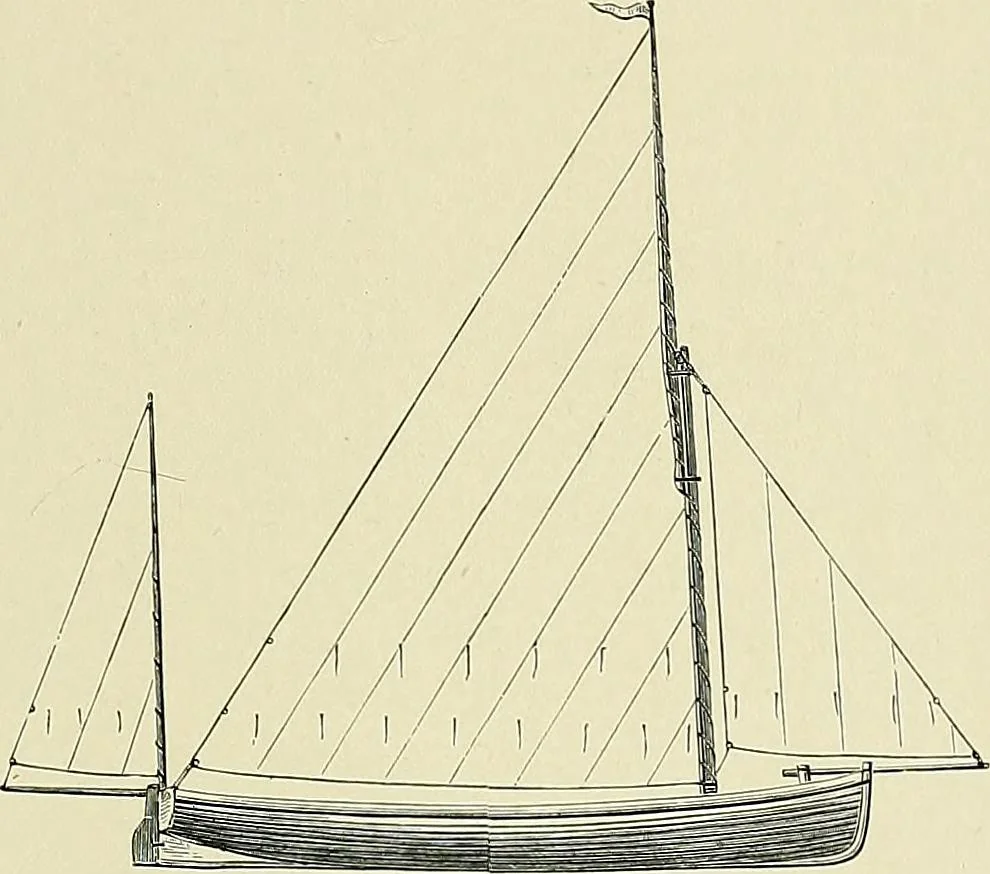 An illustration from The sailing boat, a treatise on sailing boats and small yachts, their varieties of type, sails, rig, etc. With practical directions for sailing and management; also, the one-design and restricted classes, fishing and shooting boats, sailing chariots and ice yachts, foreign and colonial boats, canoes, etc., etc, 1901, leaf 54