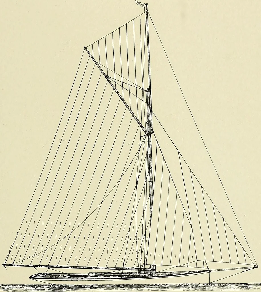 An illustration from The sailing boat, a treatise on sailing boats and small yachts, their varieties of type, sails, rig, etc. With practical directions for sailing and management; also, the one-design and restricted classes, fishing and shooting boats, sailing chariots and ice yachts, foreign and colonial boats, canoes, etc., etc, 1901, leaf 60