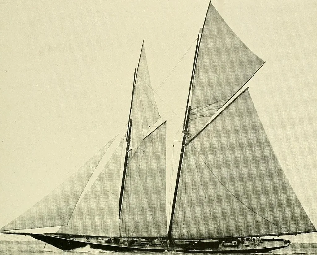 An illustration from The sailing boat, a treatise on sailing boats and small yachts, their varieties of type, sails, rig, etc. With practical directions for sailing and management; also, the one-design and restricted classes, fishing and shooting boats, sailing chariots and ice yachts, foreign and colonial boats, canoes, etc., etc, 1901, leaf 62