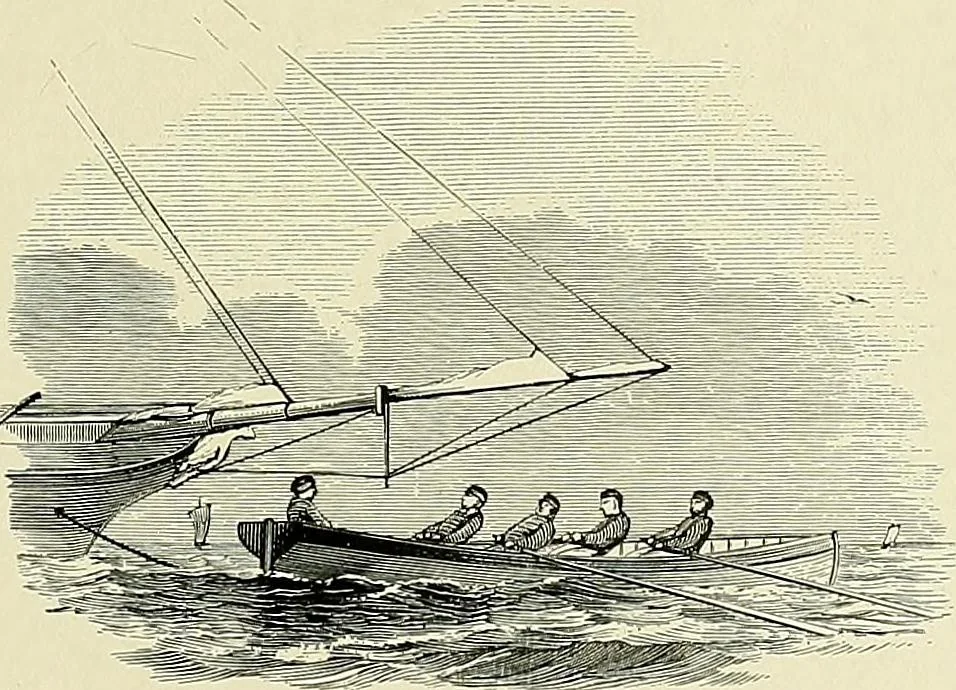 An illustration from The sailing boat, a treatise on sailing boats and small yachts, their varieties of type, sails, rig, etc. With practical directions for sailing and management; also, the one-design and restricted classes, fishing and shooting boats, sailing chariots and ice yachts, foreign and colonial boats, canoes, etc., etc, 1901, leaf 64