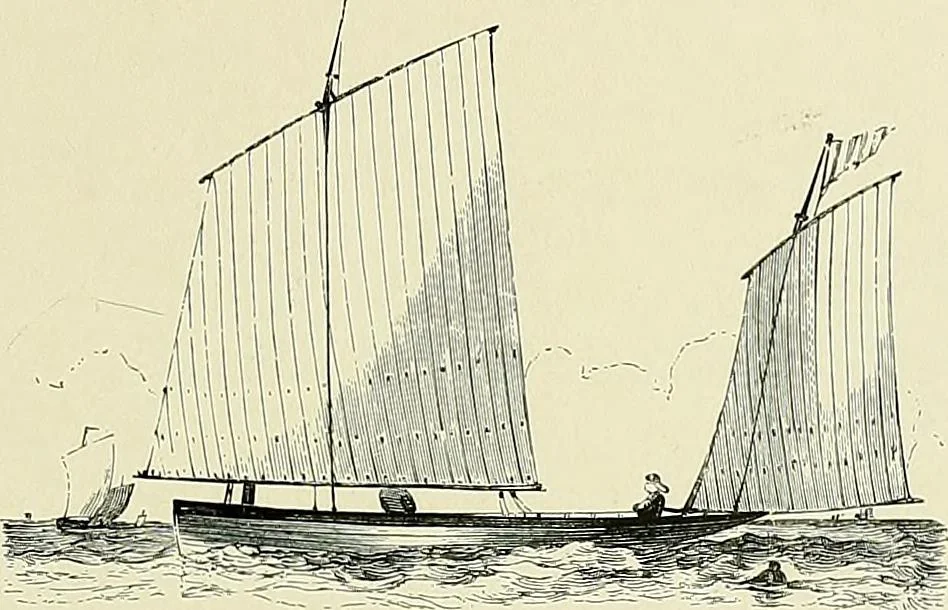 An illustration from The sailing boat, a treatise on sailing boats and small yachts, their varieties of type, sails, rig, etc. With practical directions for sailing and management; also, the one-design and restricted classes, fishing and shooting boats, sailing chariots and ice yachts, foreign and colonial boats, canoes, etc., etc, 1901, leaf 74