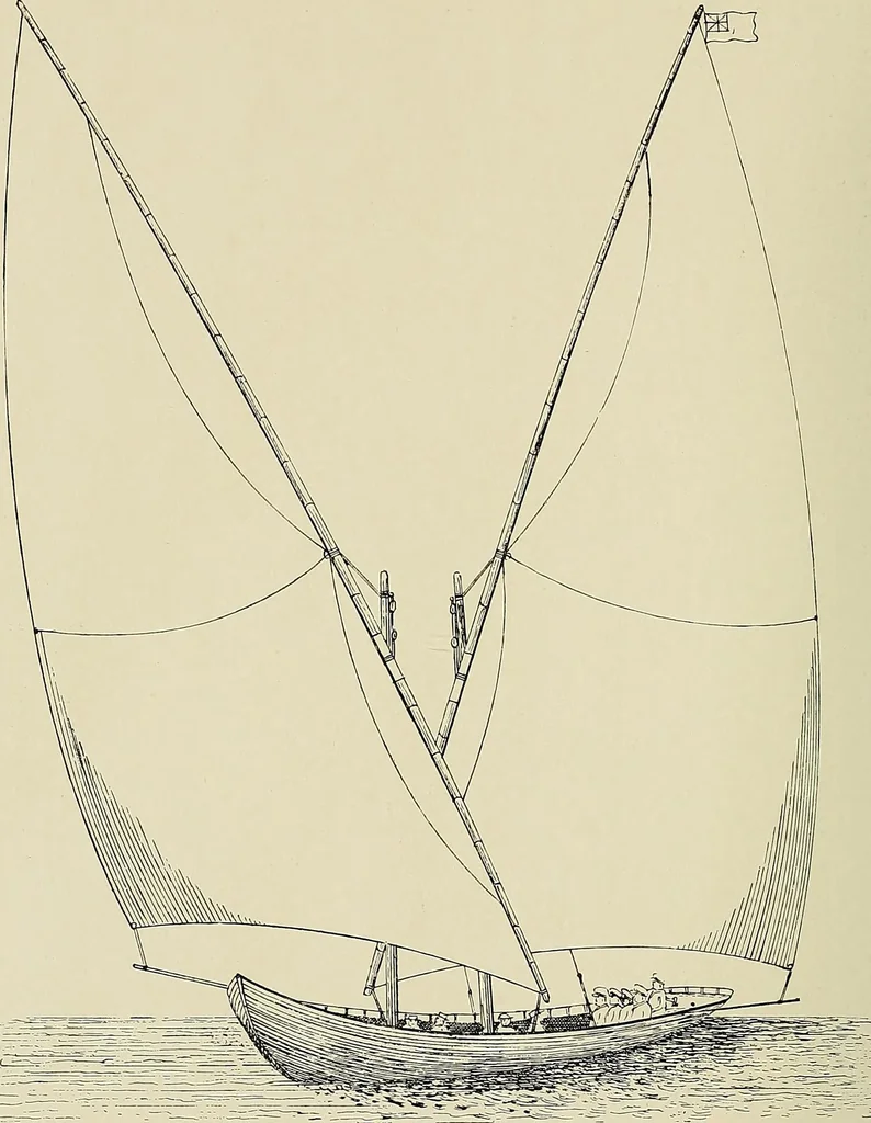 An illustration from The sailing boat, a treatise on sailing boats and small yachts, their varieties of type, sails, rig, etc. With practical directions for sailing and management; also, the one-design and restricted classes, fishing and shooting boats, sailing chariots and ice yachts, foreign and colonial boats, canoes, etc., etc, 1901, leaf 87