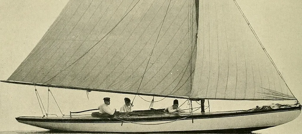 An illustration from The sailing boat, a treatise on sailing boats and small yachts, their varieties of type, sails, rig, etc. With practical directions for sailing and management; also, the one-design and restricted classes, fishing and shooting boats, sailing chariots and ice yachts, foreign and colonial boats, canoes, etc., etc, 1901, leaf 93