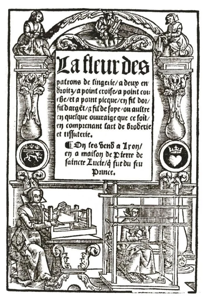 An illustration from La Fleur des patrons de lingerie a deux endroitz, a point croise, a point couche, et a point picque et fil dor, fil dargent et fil de soye, ou aultre en quelque ouuraige que ce soit en comprenant l'art de broderie et tissuterie, 1549, leaf 0